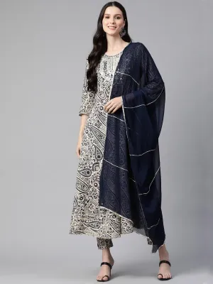 Beige Cotton Straight Kurta pant set with Dupatta