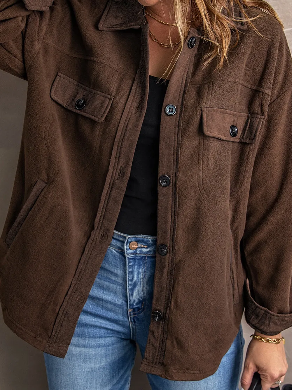 Button-Up Fleece Jacket in Brown