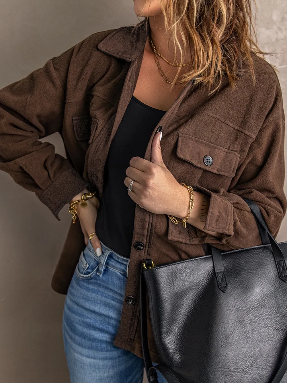 Button-Up Fleece Jacket in Brown