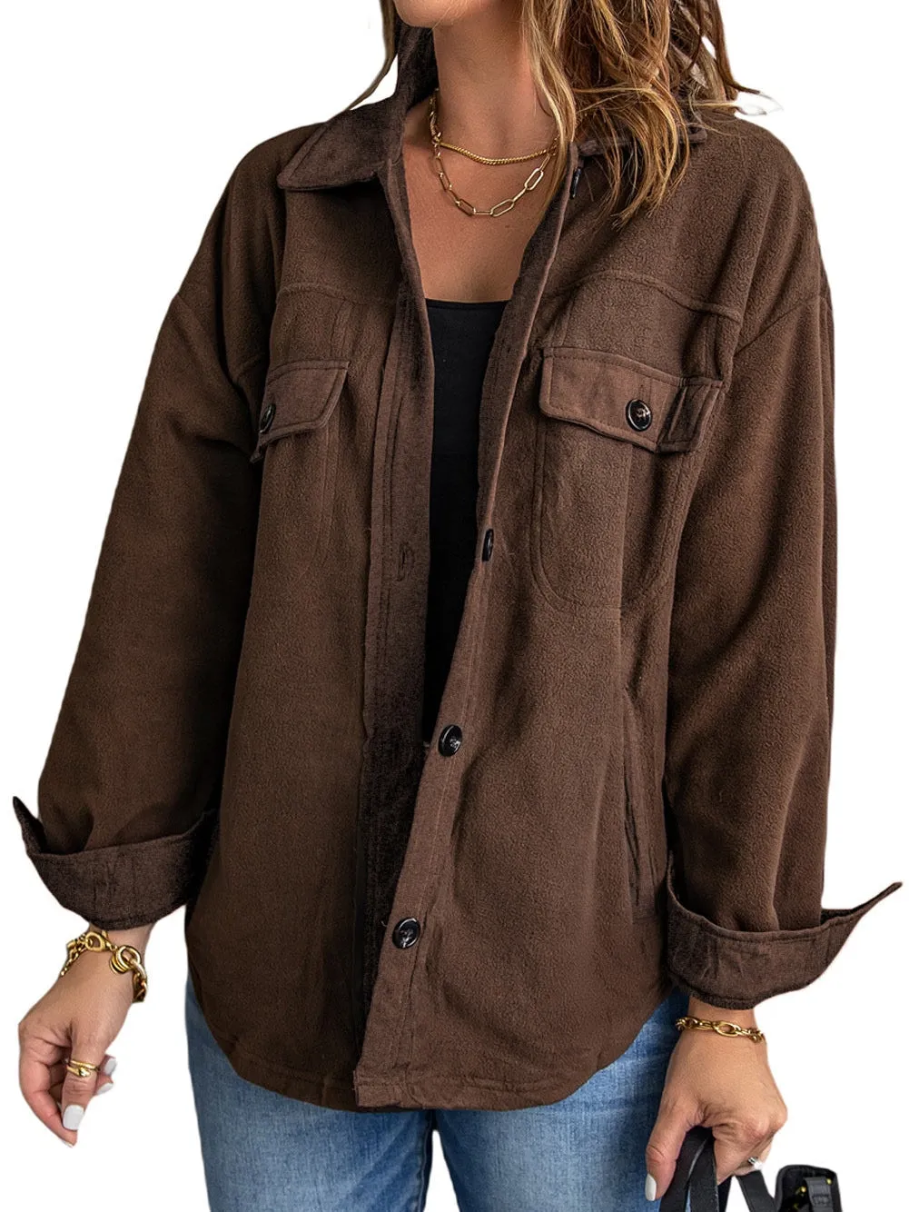Button-Up Fleece Jacket in Brown