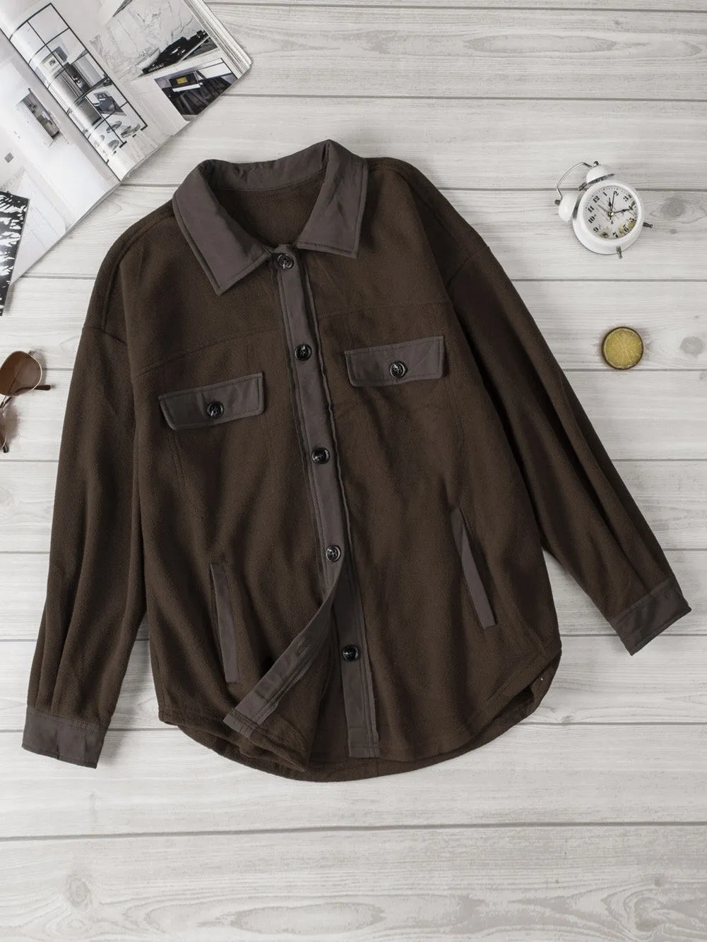 Button-Up Fleece Jacket in Brown