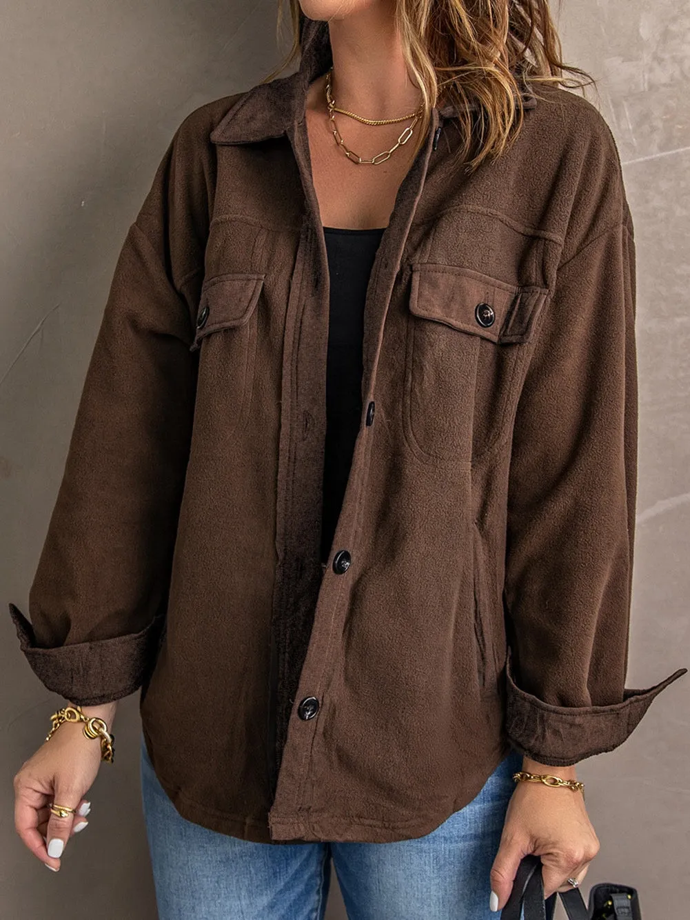 Button-Up Fleece Jacket in Brown