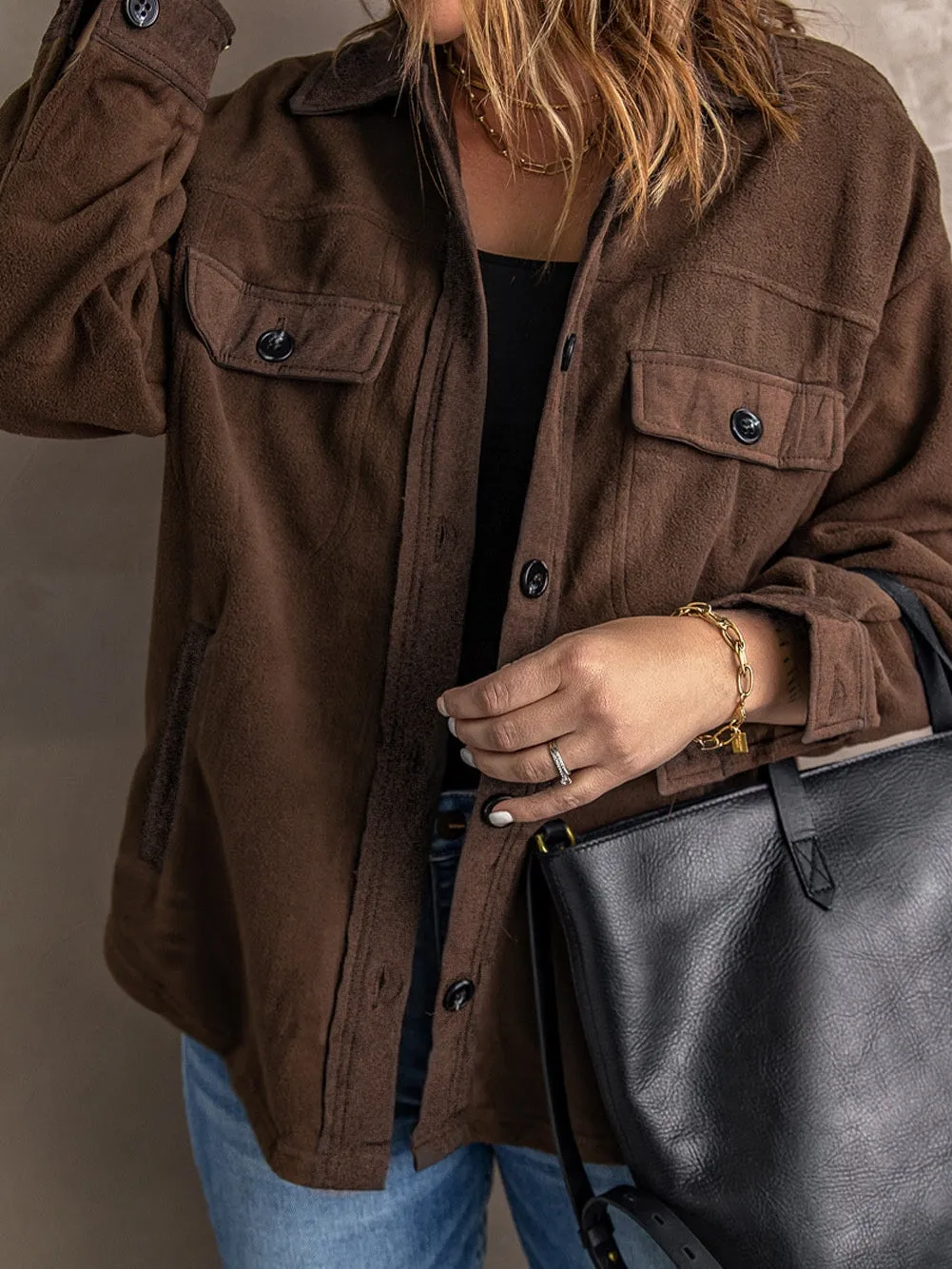 Button-Up Fleece Jacket in Brown