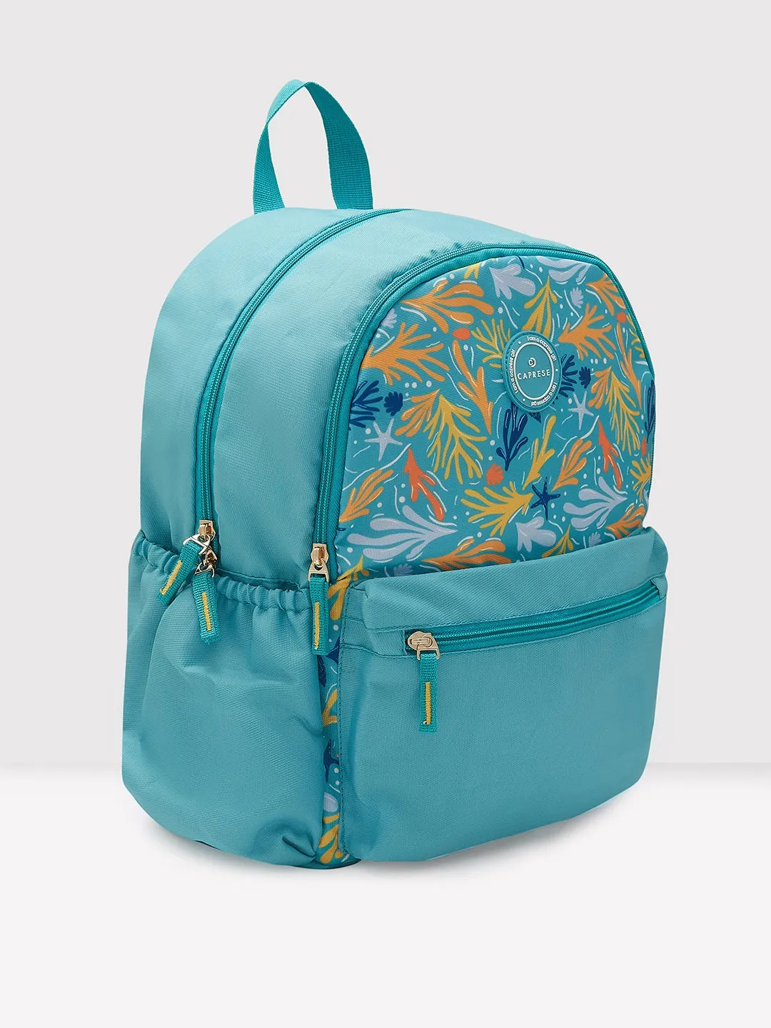 Caprese Xenia Backpack Medium Dual Compartment Turquoise Printed