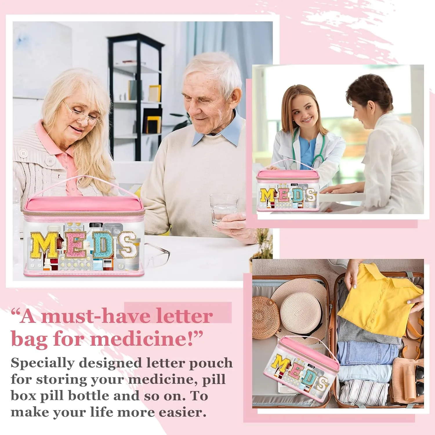 Chenille Letter MEDS Makeup Pouch, Waterproof Portable Medicine Organizer for Travel, Preppy Small Zipper Pouch with Handle, Nylon Nurse Toiletry Bag (MEDS-Pink)