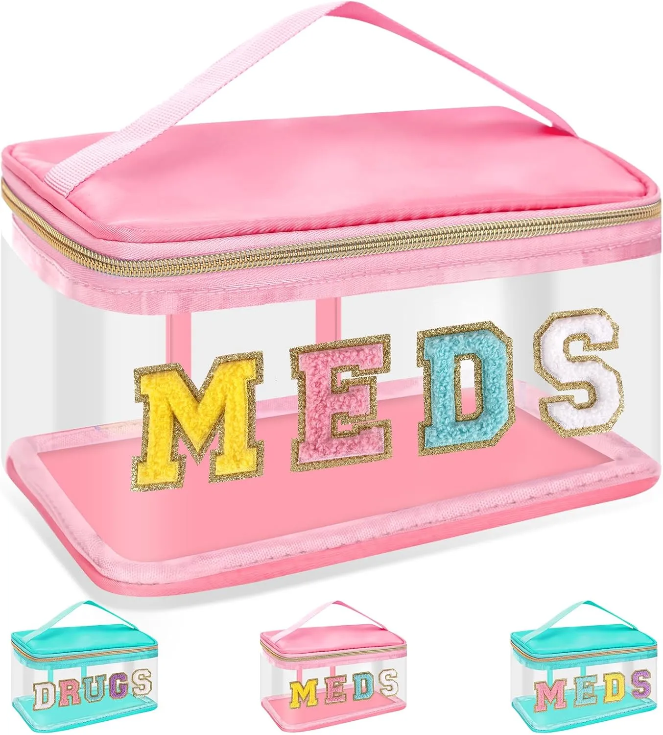 Chenille Letter MEDS Makeup Pouch, Waterproof Portable Medicine Organizer for Travel, Preppy Small Zipper Pouch with Handle, Nylon Nurse Toiletry Bag (MEDS-Pink)