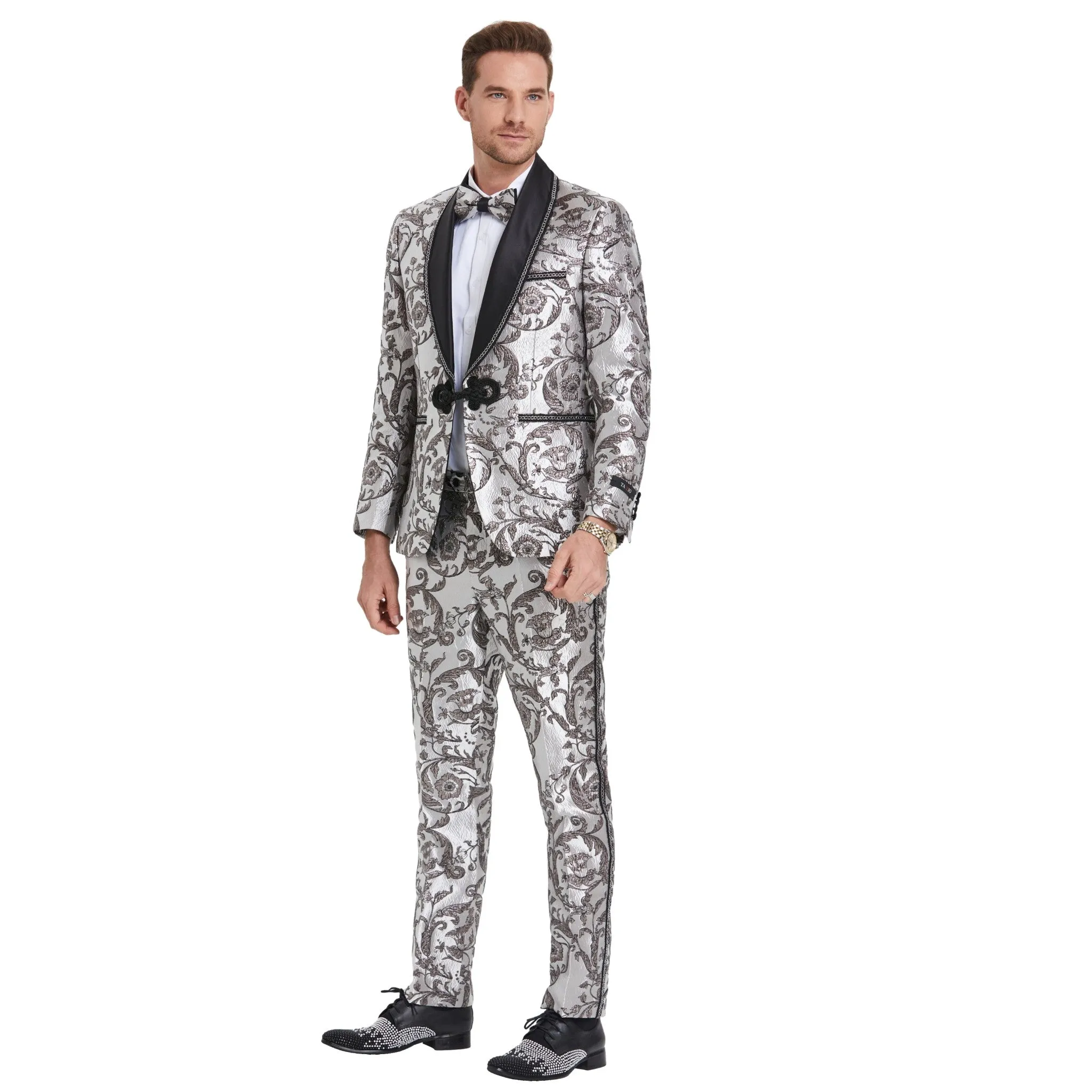 Dazzling Shiny Silver Tuxedo with Black Paisley Design - A Showstopper  Prom and Wedding Seasons
