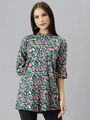 Divena Dark Green Floral Rayon A-line Shirts Style Top