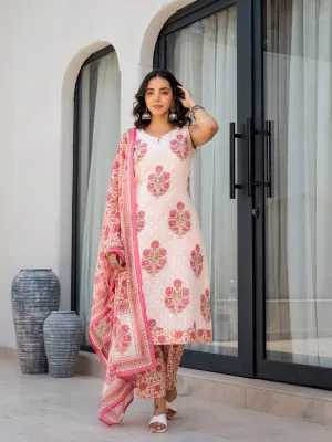 Divena Pink Floral Printed Cotton Straight Fit Kurta Pant Set