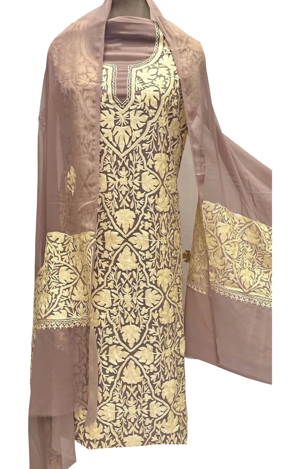 Elegant Pink Kashmiri Aari Work Georgette Three Piece Suit