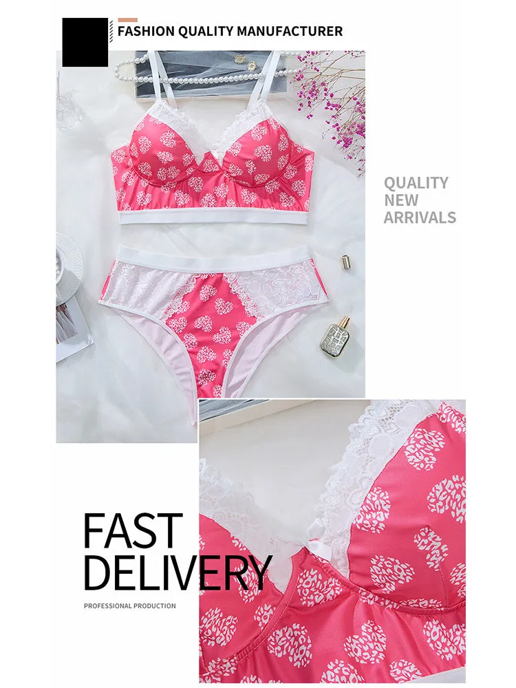 Elegant Pink Lace Floral Wireless Lingerie Set