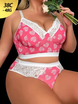 Elegant Pink Lace Floral Wireless Lingerie Set