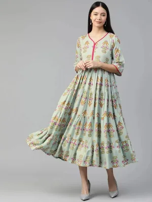 Green Printed Rayon Dress