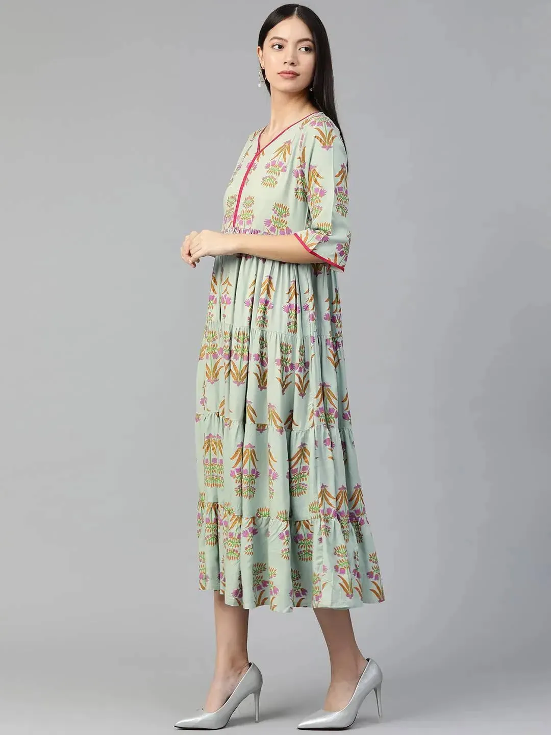 Green Printed Rayon Dress