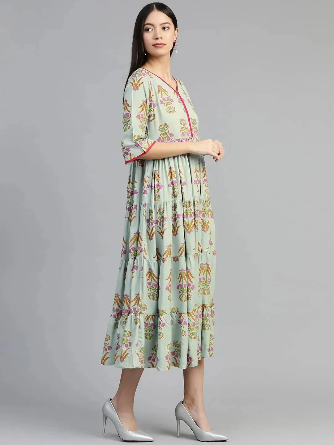 Green Printed Rayon Dress