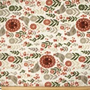 Maroon Sun, Flowers & Grey Birds on White Printed Polar Fleece DSN #14