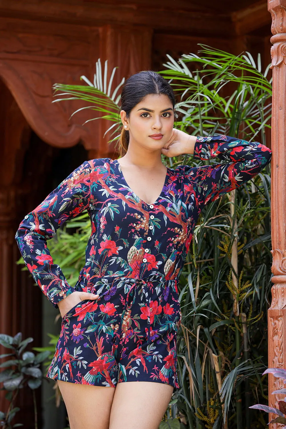 Navy Blue Floral Print Playsuit (pack of 1)