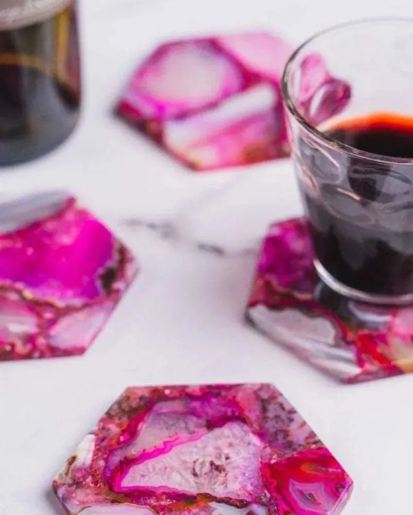 Pink Agate Hexagon Stone Coaster | Set of 4