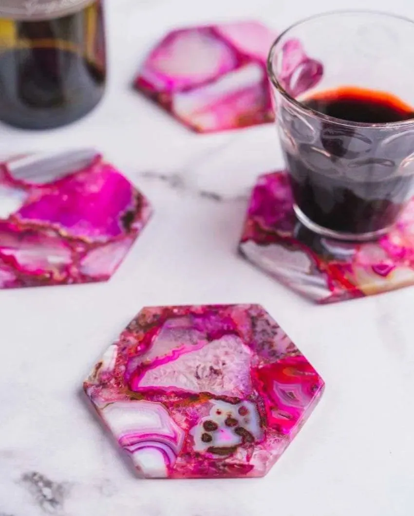 Pink Agate Hexagon Stone Coaster | Set of 4