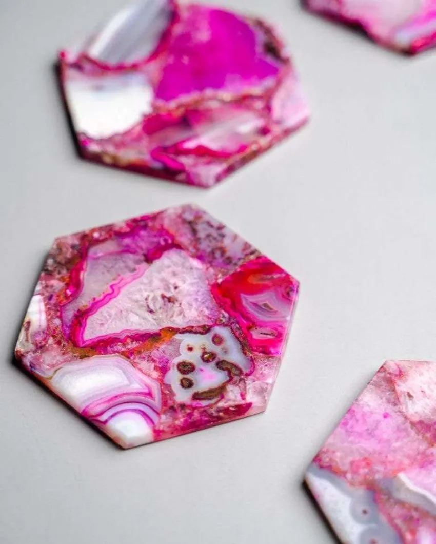 Pink Agate Hexagon Stone Coaster | Set of 4