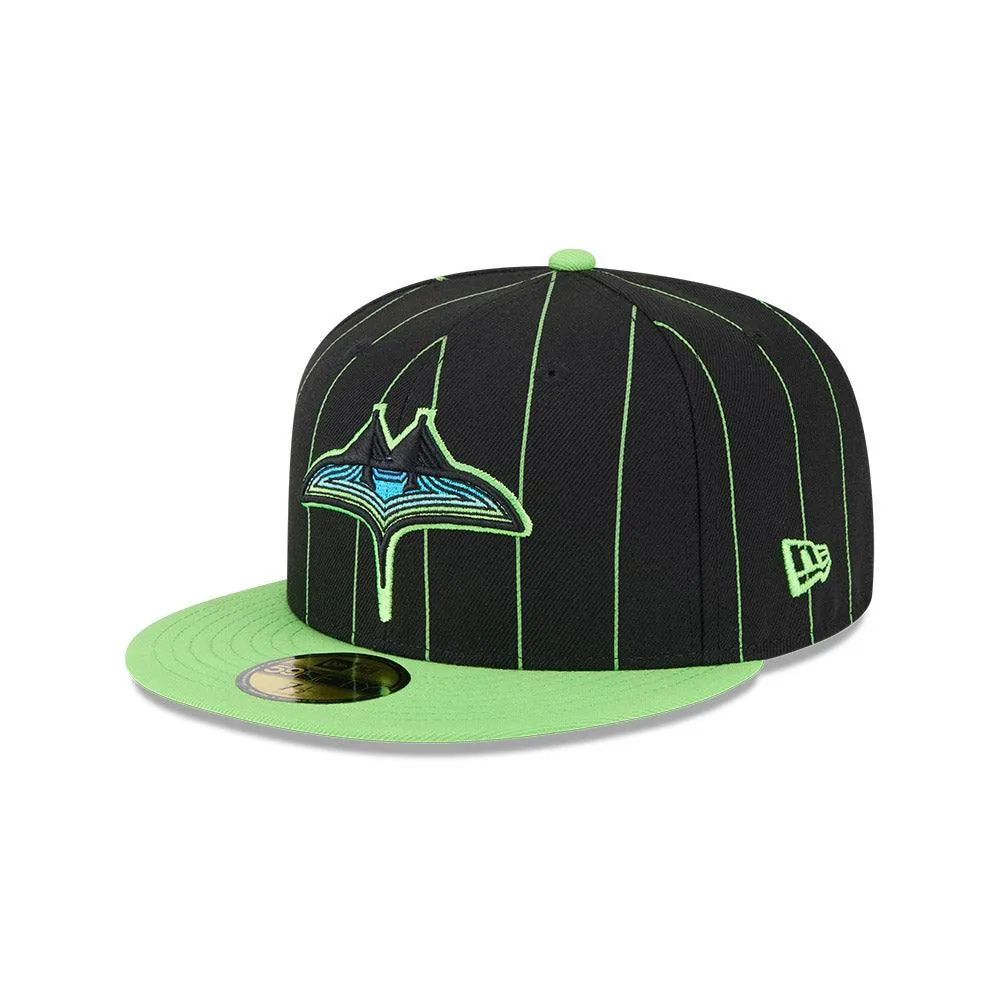 Rays New Era Black and Green Pin Stripes City Connect Skyray Tampa Bay 59Fifty Fitted Hat