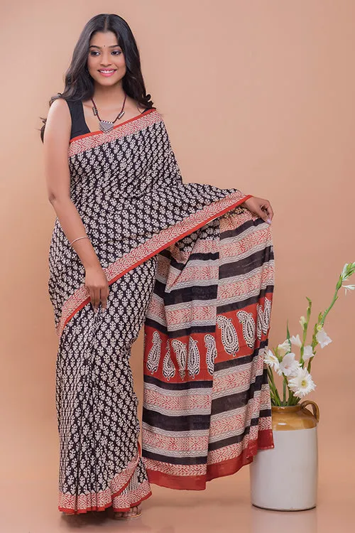 Summer Classics. Bagru Block Printed Mulmul Cotton Saree - Geometric Leaf Motif