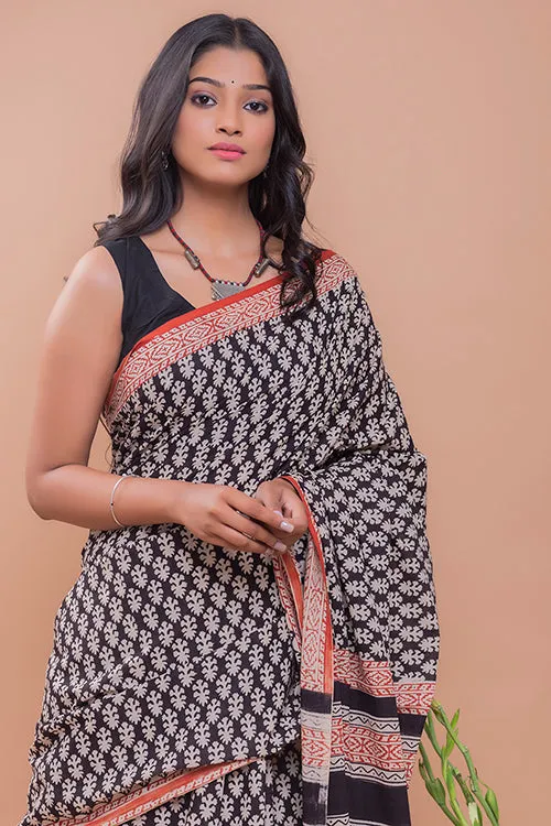 Summer Classics. Bagru Block Printed Mulmul Cotton Saree - Geometric Leaf Motif