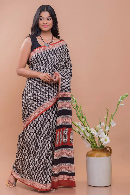 Summer Classics. Bagru Block Printed Mulmul Cotton Saree - Geometric Leaf Motif