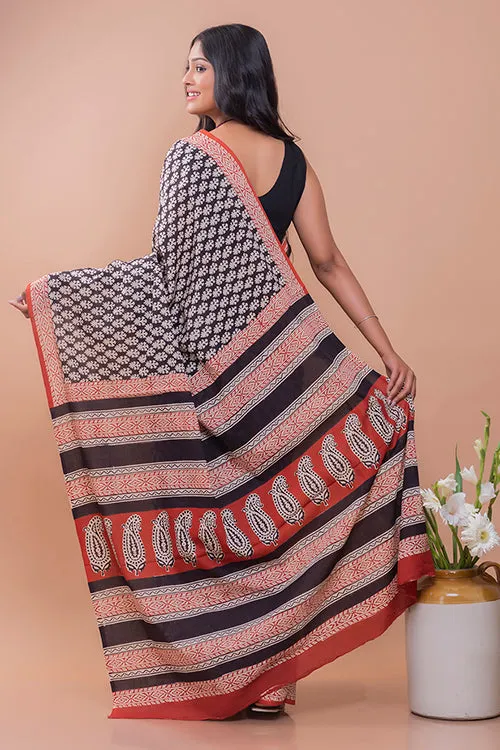 Summer Classics. Bagru Block Printed Mulmul Cotton Saree - Geometric Leaf Motif