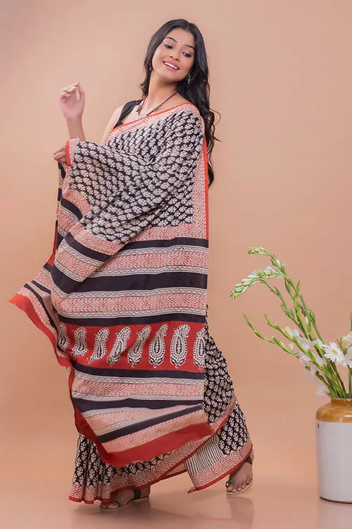 Summer Classics. Bagru Block Printed Mulmul Cotton Saree - Geometric Leaf Motif
