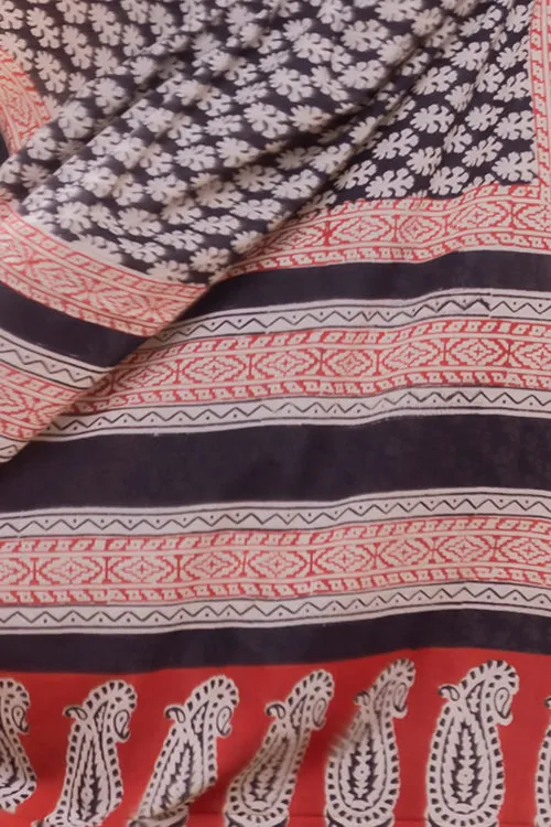 Summer Classics. Bagru Block Printed Mulmul Cotton Saree - Geometric Leaf Motif