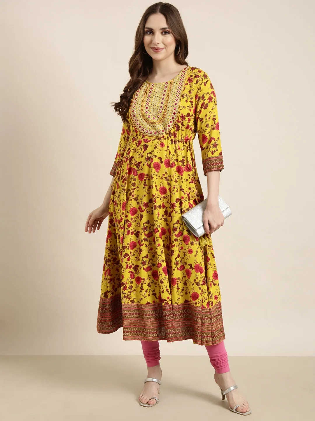 Women Anarkali Yellow Floral Kurta