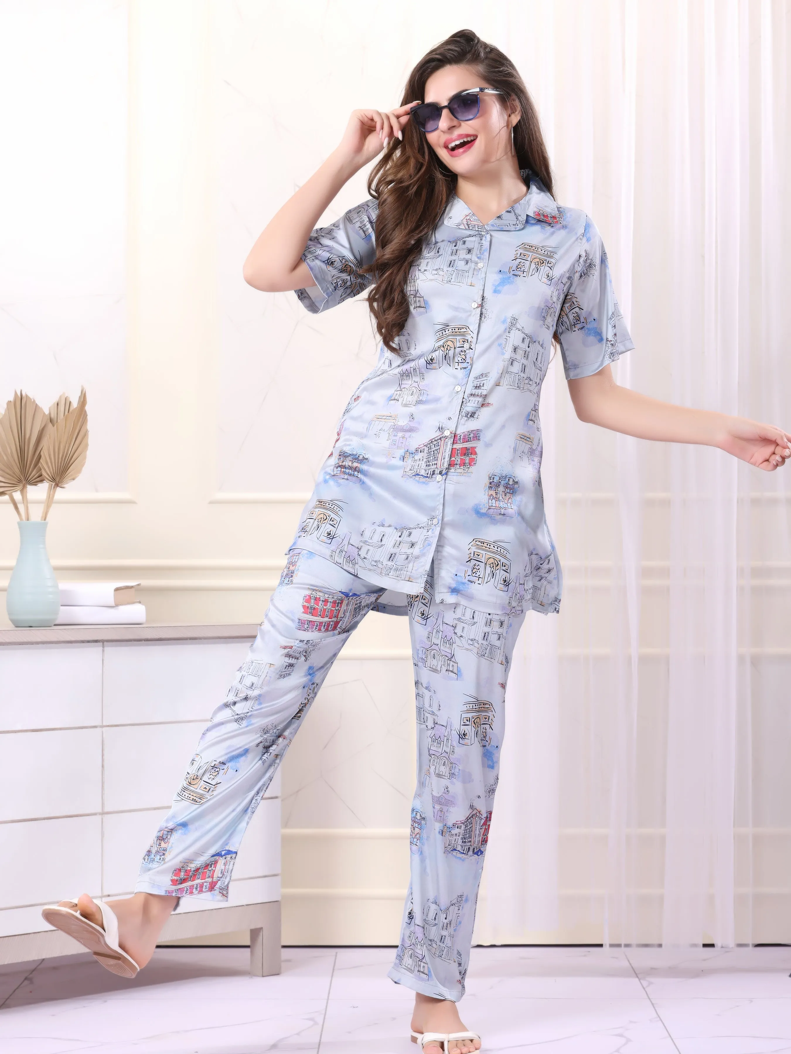 Women Half Sleeve Printed Satin Cord Set