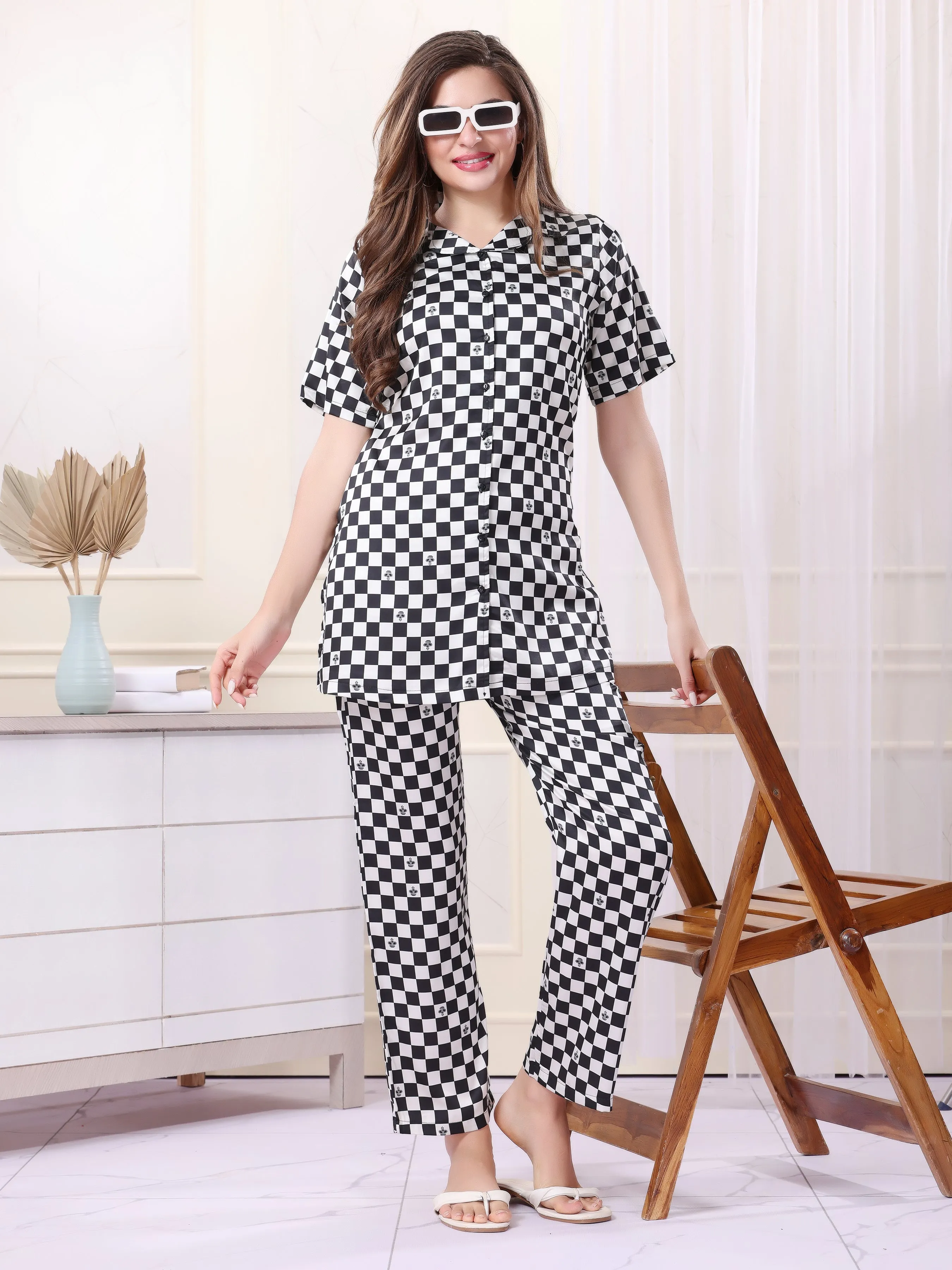 Women Half Sleeve Printed Satin Cord Set