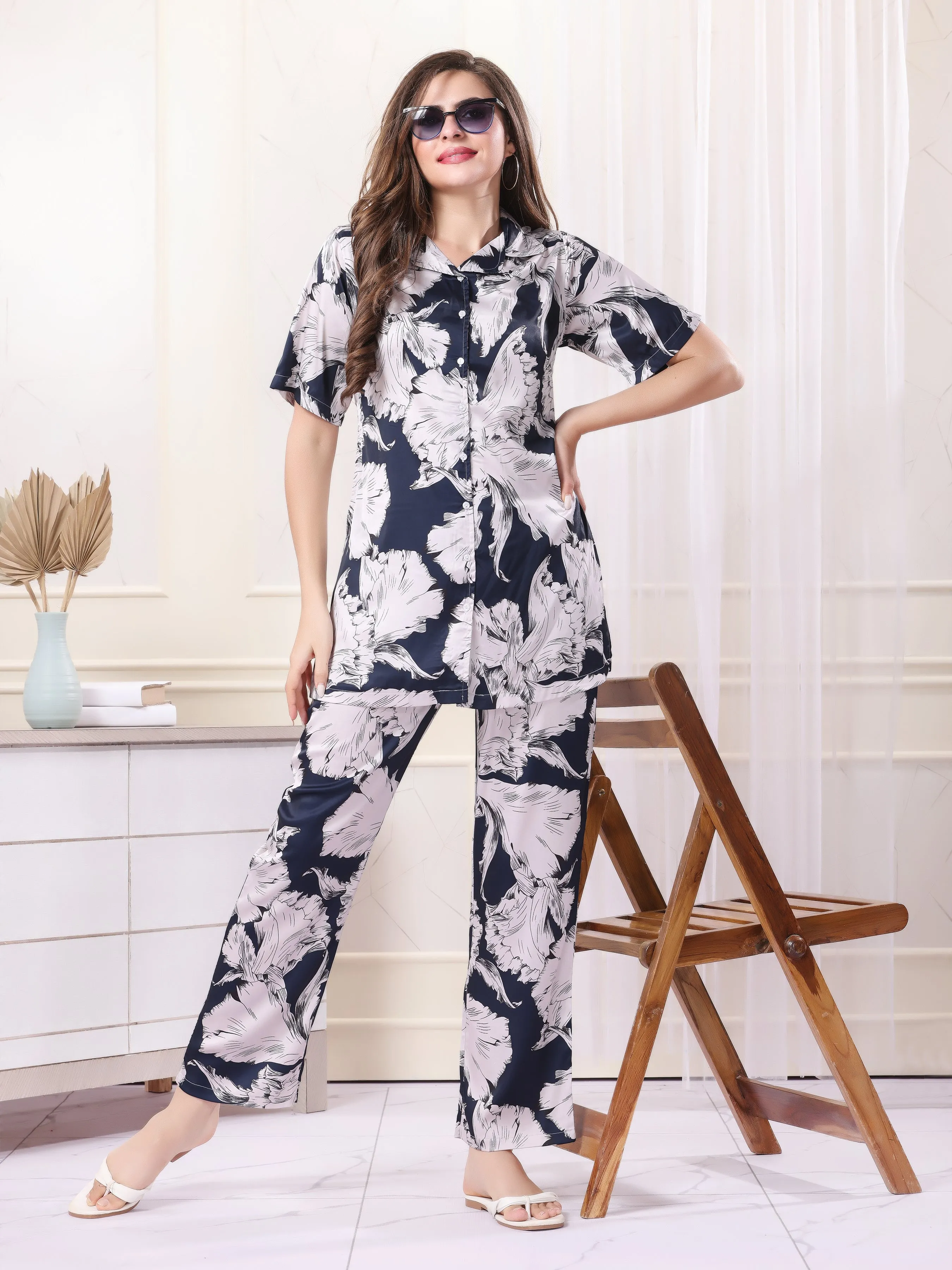 Women Half Sleeve Printed Satin Cord Set