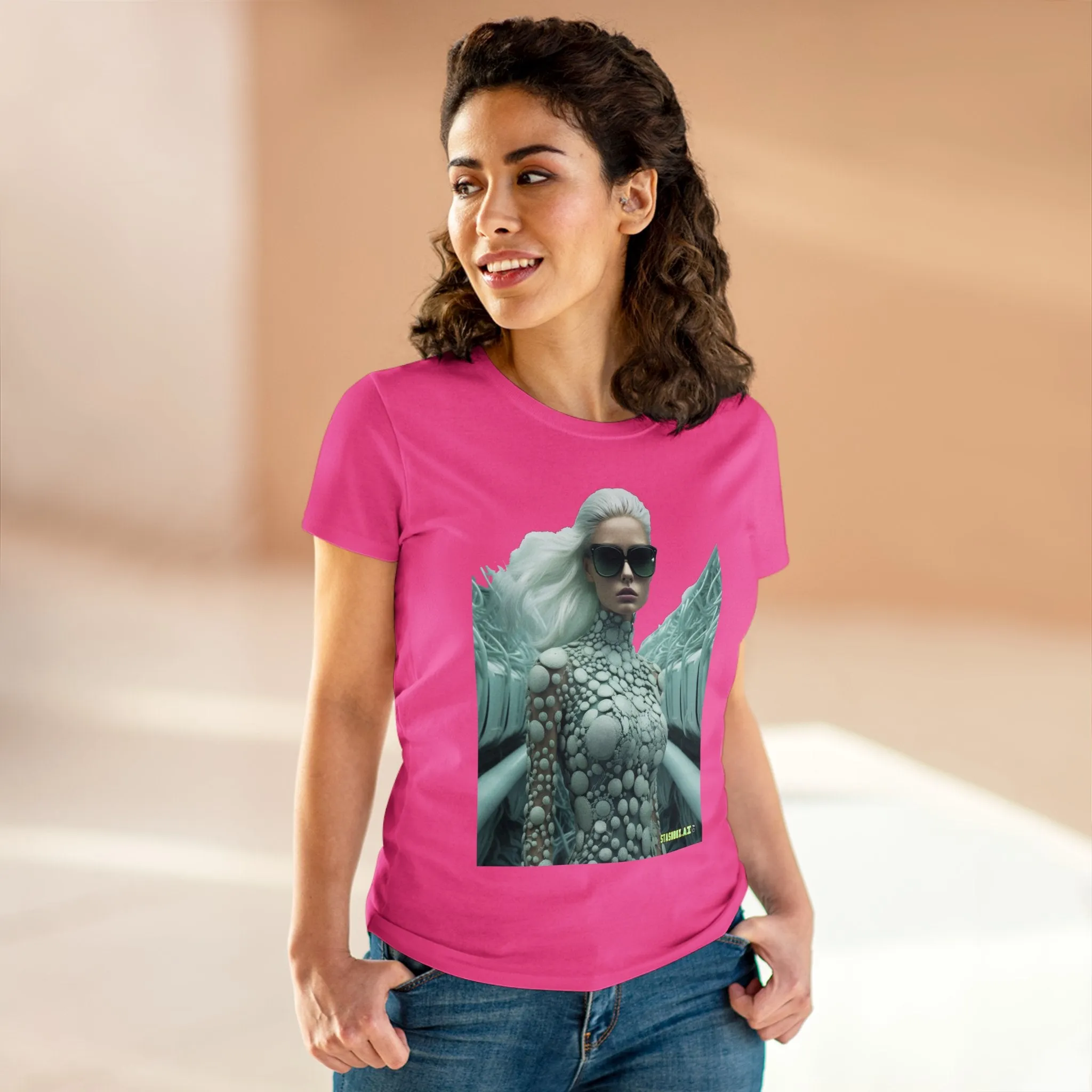 Women's Midweight Cotton T-Shirt Silver Futuristic Train Model 010