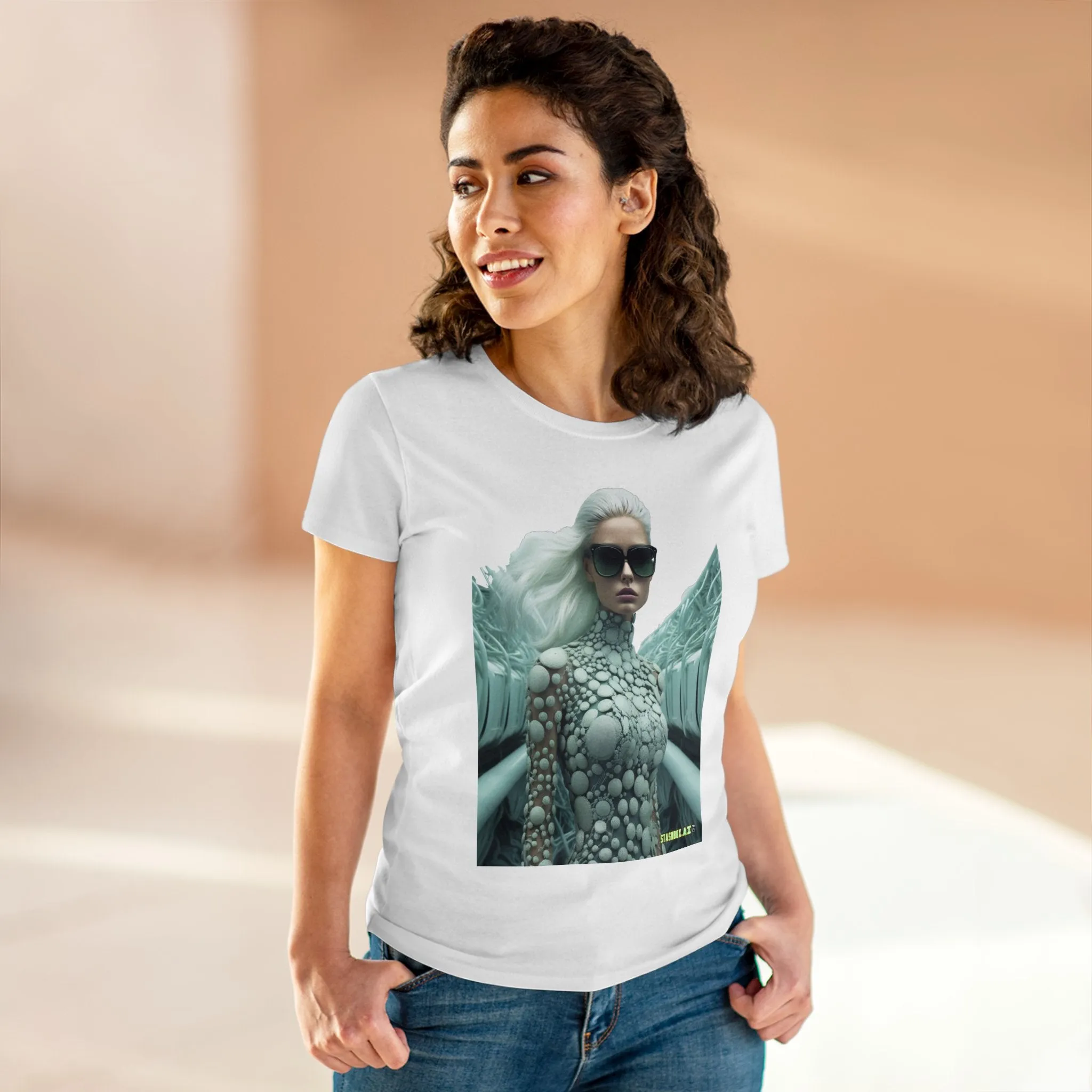 Women's Midweight Cotton T-Shirt Silver Futuristic Train Model 010