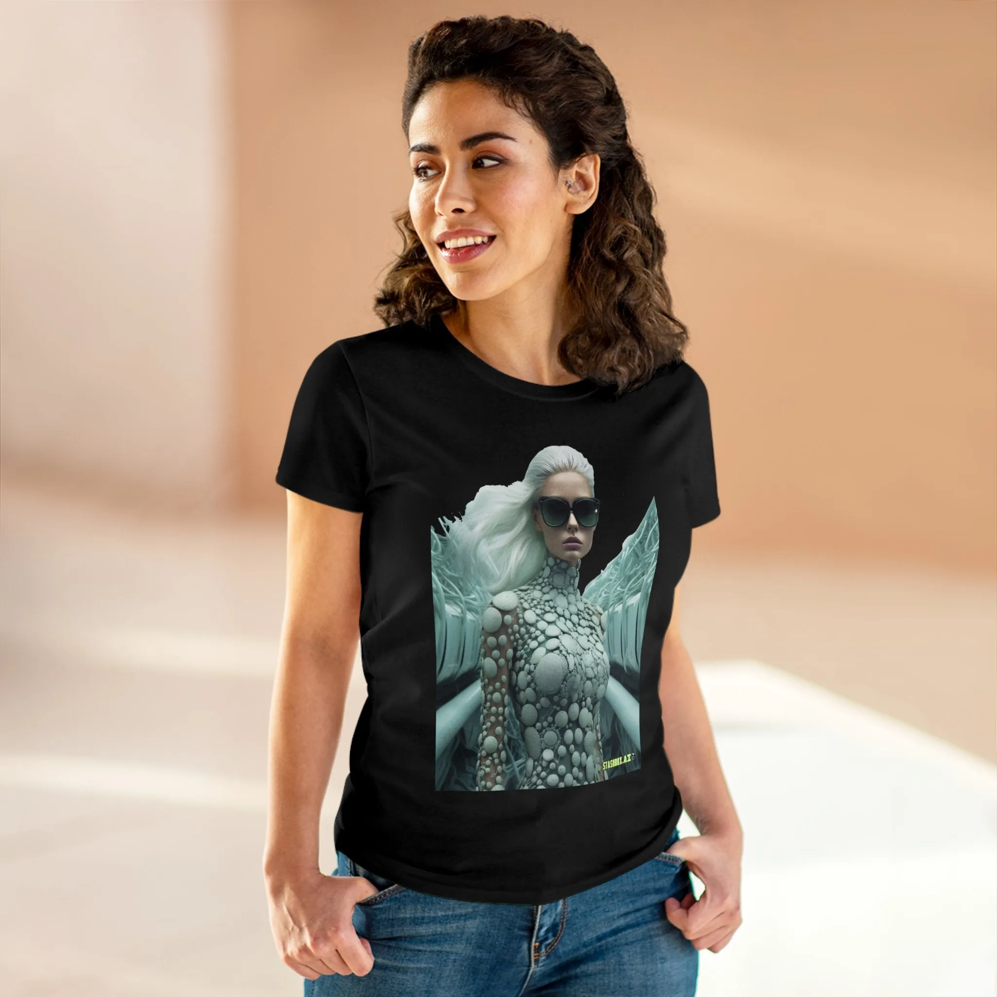 Women's Midweight Cotton T-Shirt Silver Futuristic Train Model 010