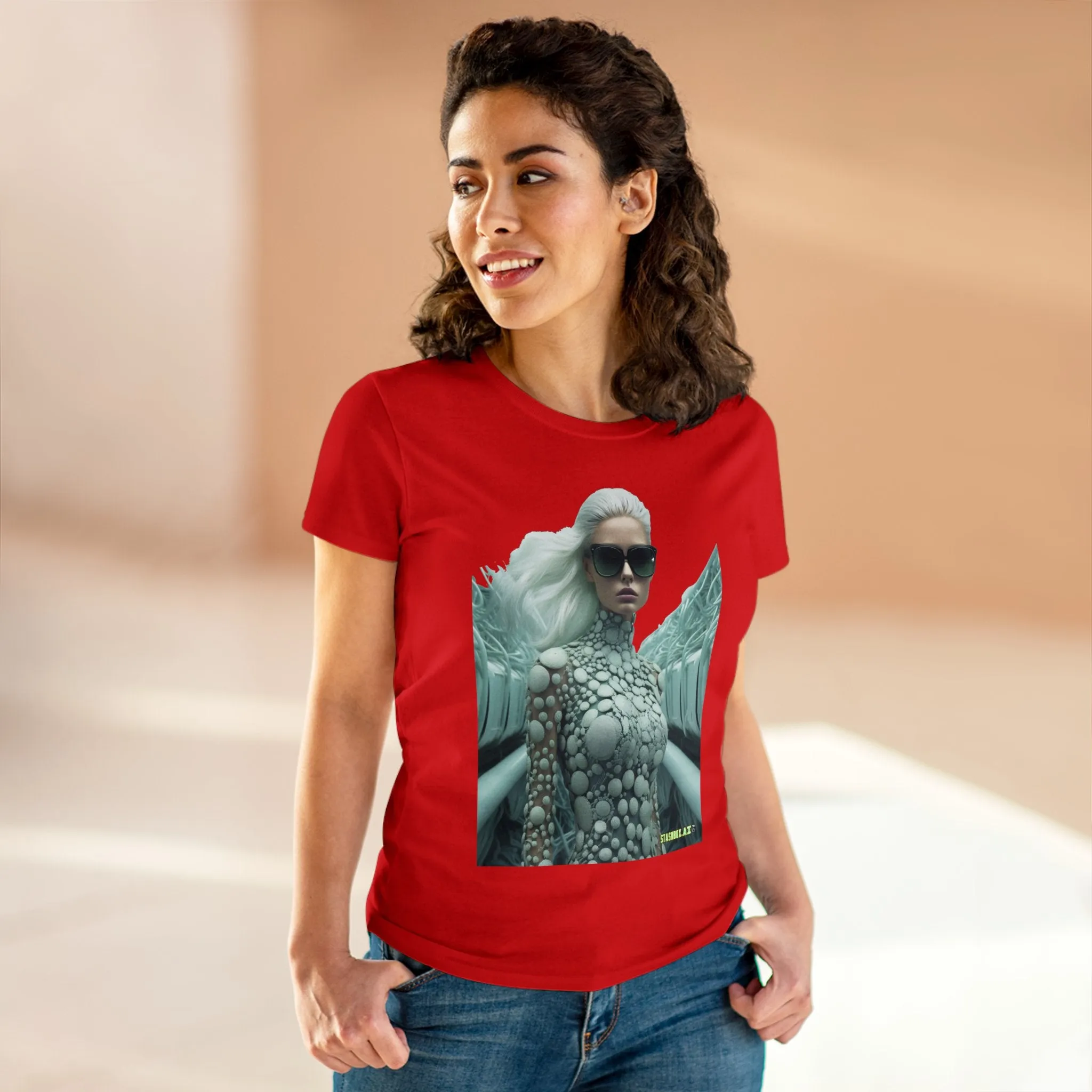 Women's Midweight Cotton T-Shirt Silver Futuristic Train Model 010